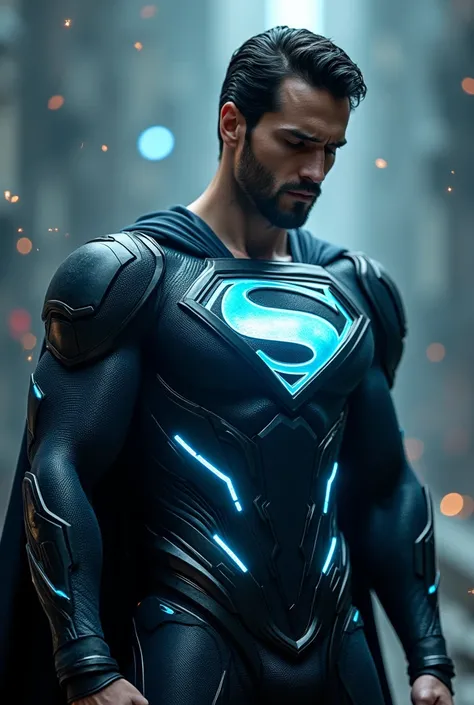 full body shot of a handsome Superman, short beard, wearing a Futuristic Armor for Superman in Tron Style. The armor would be made of an advanced, lightweight yet extremely durable material, similar to a nanotechnology alloy. The surface would have a shiny...