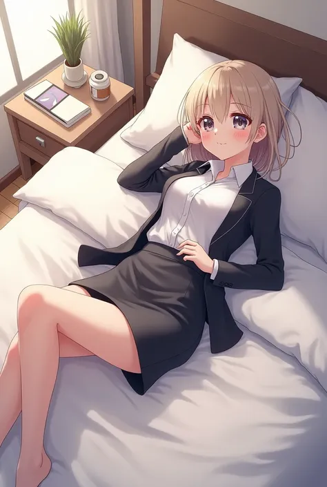 Anime office skirt girl laying on bed 