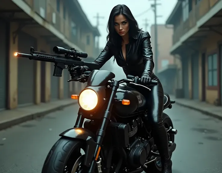 A female mobster assassin on her black racing motorcycle using a compact AR-15 rifle with one hand