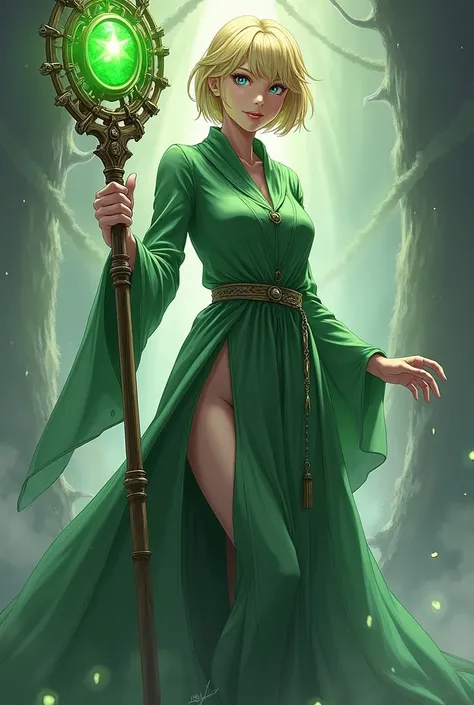 Anime adult woman, short blond hair, blue eyes, prietress green long dress, long legs, staff in hand with a glowing green sphere surrounded by gears.