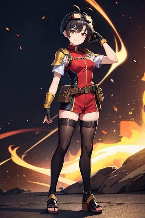 Anime Art、Full body portrait、Early modern pilots、Background blank、A female pilot, about 3, standing upright, about 160cm tall, wearing a red short-sleeved uniform and red shorts、Wears goggles on his head、She is wearing black tights that cover her lower bod...