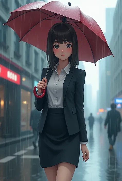 Anime business skirt girl holding umbrella in raining 