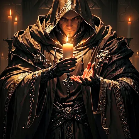 arafed image of a man in a hooded robe holding a candle, holy flame spell, holding a candle, candle lit, craig mullins dark key, from vermintide 2 video game, elden ring concept art, from the game pathologic 2, elden ring art, cultist, candlelit, dark cloa...