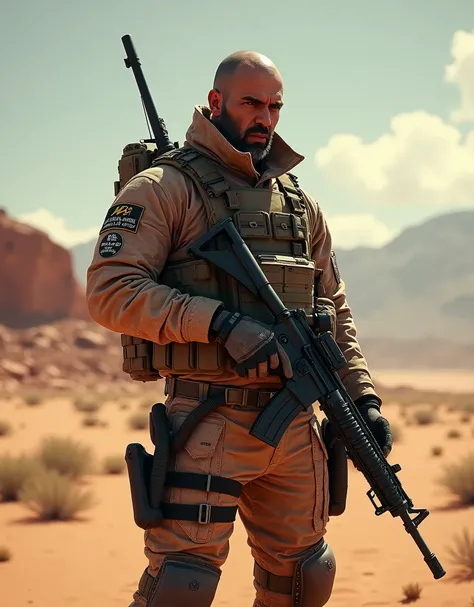 A mafia-hired mercenary in a multi-cam uniform and tactical gear with an AR-15 rifle in a desert location