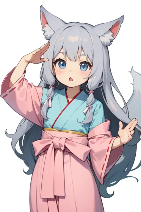 Anatomically correct、Chibi Character、、Loose, long wavy hair、Gray Hair、Dull light blue eyes、Fox Ears、White background、Pink ribbons under both ears、White Shrine Maiden Clothing、Pink long hakama、The waist strap is pink、Two fox tails、Anime Style、salute