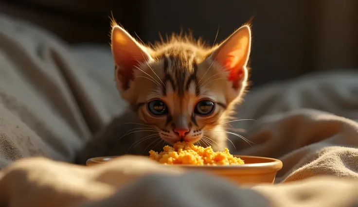 make a image shot with Canon EOS R5 use Sigma 50mm f/1.4 DG HSM lens of scene about A small, skinny kitten with tattered fur and big, sad eyes, The kitten’s eyes well up with tears as he sees a soft bed and a warm meal. The kitten eats slowly, savoring eve...