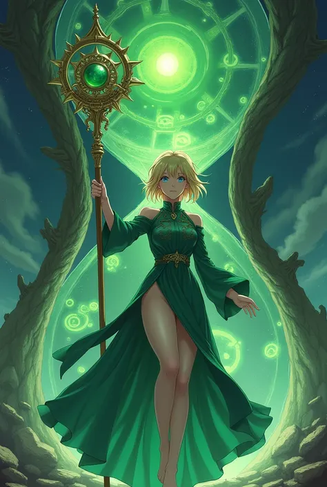 Anime adult woman, short blond hair, blue eyes, prietress green long dress, long legs, staff in hand with a glowing green sphere surrounded by gears, no underwear, giant hourglass in background