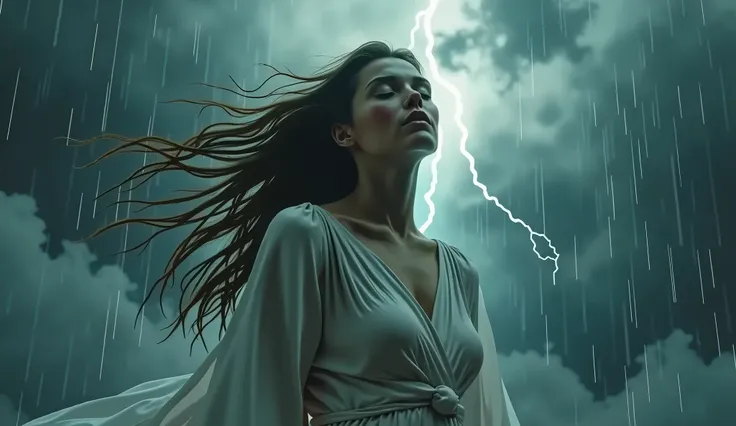 a peaceful figure walking through a stormy weather scene, untouched by the chaos around them, representing resilience, 1 person, detailed realistic portrait, long detailed hair, detailed eyes and face, flowing clothing, moody cloudy sky, rain, lightning, d...