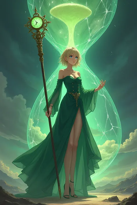 Anime adult woman, short blond hair, blue eyes, prietress green long dress, long legs, staff in hand with a pommel like a glowing green clock surrounded by gears, no underwear, giant hourglass in background, the hourglass is cracked and sand flows outside ...