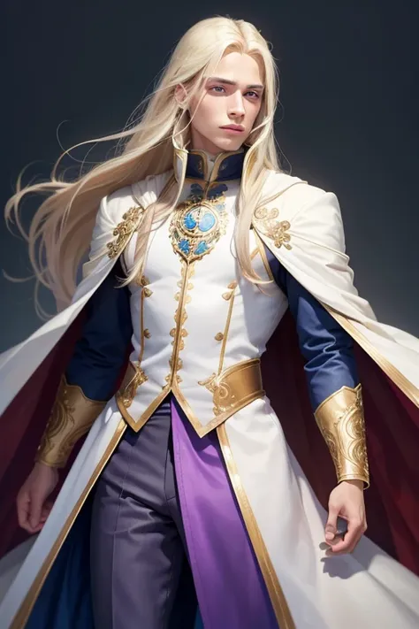 1 2 man with blue eyes , long light blonde hair , light skin, wearing prince outfit 
