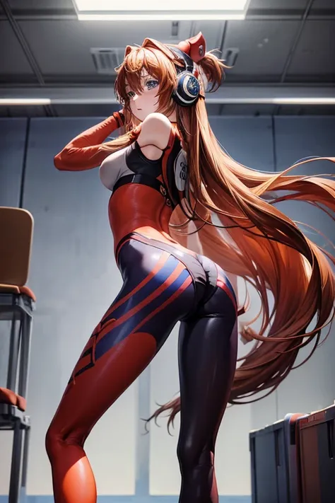 (masterpiece), Best quality expressive eyes, Perfect face, 1 Girl, Solitary, Soryu Asuka Rangra, Interface Headphones, Red tights, permanent, Laboratory Background, portrait, Looking at the audience, Slim figure,Long Legs, Long hair, Big Ass, Hair shaking,...