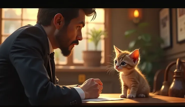 make a image shot with Canon EOS R5 use Sigma 50mm f/1.4 DG HSM lens of scene about A small, skinny kitten with tattered fur and big, sad eyes, The businessman, deeply touched by the kittens talent, suggests that he perform live music at his café. The kitt...