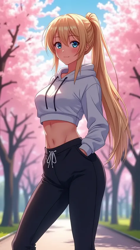 A girl with long blond hair, wearing a white cropped hoodie and tight black sweatpants, perfect curvy body, full body pose, [2] capturing the shine of her hair, athletic physique, and confident stance, [3] set in a modern urban park with cherry blossom tre...