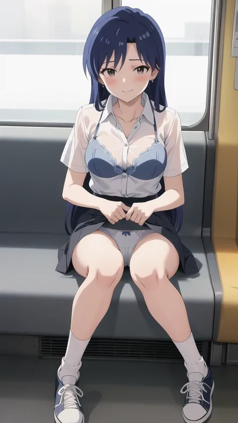 masterpieceHighest qualityHigh resolution, Kisaragi Chihaya、Blue hair straight long hair、Earrings、Short-sleeved shirt、See-through、Lace bra、Grey ultra-mini skirt,White loose socks、sneakers、Cowboy Shot, blush、Smile、 sit in a train seat、Lace panties