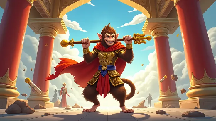 The Monkey King, wearing his traditional golden armor and red cape, wanders confidently around the Heavenly Palace after causing chaos, his magical staff resting on his shoulder, [2] capturing his mischievous grin, sharp eyes, and dynamic pose, fur detaile...