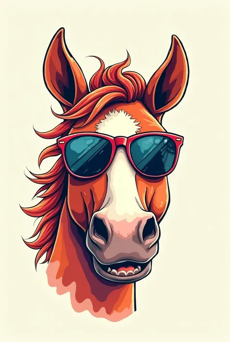 Drawing a cartoon national trend retro cute lively happy handsome horse head with sunglasses，Vector pattern，Clear line drawing，Color ink on paper，No background