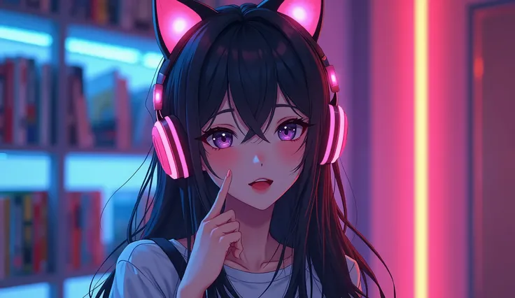 a beautiful anime girl with long legs wearing cat ear headphones, shorts, and happily pointing at a colorful RGB gaming bookshelf full of varied video games, detailed face, ethereal lighting, cinematic composition, photorealistic, 8k, highly detailed, vibr...