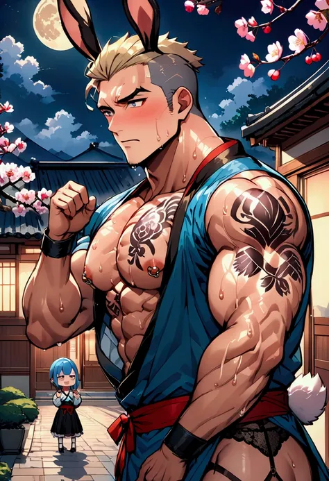 (muscular male:1.3)、(father:0.5)、Wearing rabbit ears、Garter belt、Wearing a rabbit&#39;s tail、Embarrassed face、nipple piercing、tattoo on chest、Blonde、Black Hair、Red Hair、Blue Hair、Gray Hair、Shaved head、(sweat:1.3)、steam、(wide view:1.2)、indoor、cherry blossom...