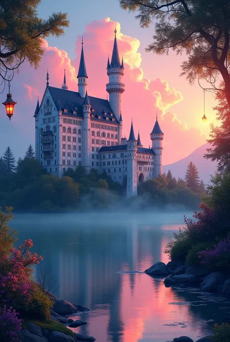 Neuschwanstein Castle Surrounded by a warm sunset, create a vivid, glowing image of the whimsical, magical city, with its towering spires and intricate, ornately decorated grand architecture, against a background of pink cotton candy clouds, blue, orange, ...