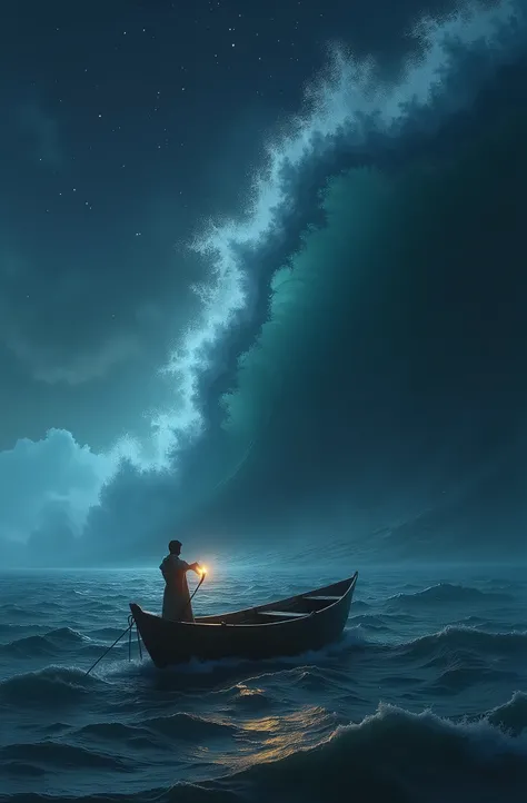 "A lone figure in a small wooden boat, navigating a vast ocean beneath a swirling, starry sky. A colossal wave looms in the background, threatening to engulf the tiny vessel."