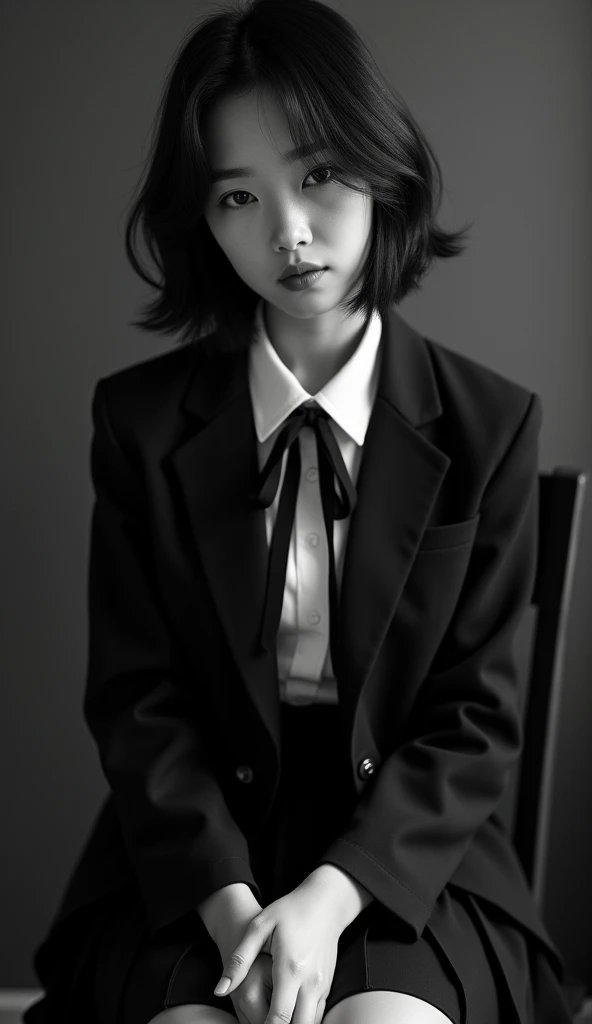 Please be careful when viewing:-2, Retro school girl photo, Realistic, Black and White Photography:1.37, Black and White Photography:1.37, Beautiful woman face, Look straight into the camera:1.37, Realistic, 非常にRealisticな写真, Sitting in a chair、Please place...