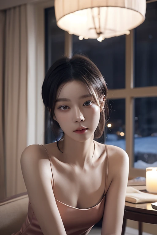 (Realistic:1.4), RAW photos, Top quality, masterpiece, ultra high res,1 woman,Kim Min-jeong,delicate face,Detailed eyes, (short black hair:1.1),, exposed body, Skinny body type,sit at the table,Minimalist living room, (night:1.1), Very detailed winter face...