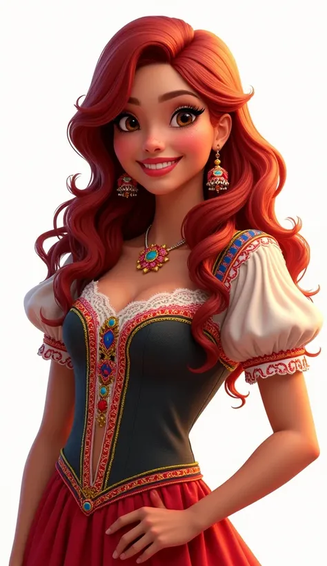 Disney style, image of 30 year old mexican woman with wavy red hair, dark skin, and dark eyes. She must be smiling and dressed in traditional Mexican clothing., In particular, charro dress. The background must be completely white., without additional parts...