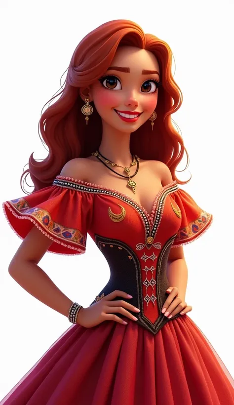 Disney style, image of 30 year old mexican woman with wavy red hair, dark skin, and dark eyes. She must be smiling and dressed in traditional Mexican clothing., In particular, charro dress. The background must be completely white., without additional parts...