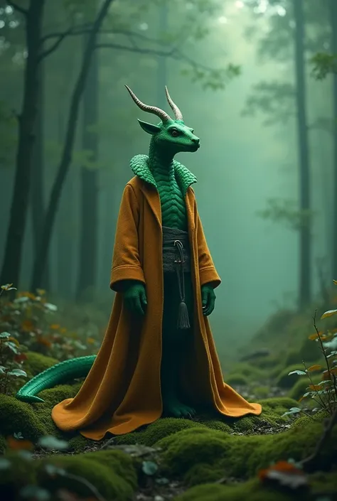 Simplicity，Cinematic，The green snake man in the forest wears an amber coat, On the magic circle, moss，Cold weather，Demon World, Light beams pierce the night sky，Fantasy Aesthetics, 3D Rendering，flower, Bokeh，Foggy，Ultra HD、masterpiece、High Detail、High qual...