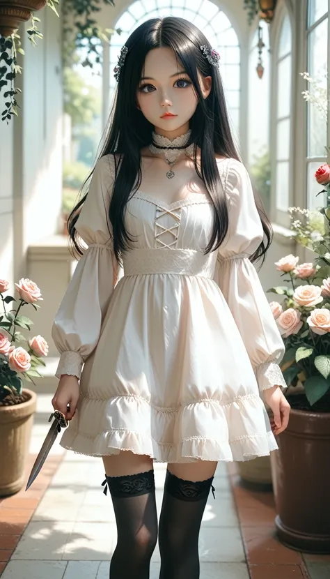 score_9,score_8_up,score_7_up,Cute , Children。Rose garden。squirt。Morning Light。Asahi。Beautiful shading。Walking with a knife。Beautiful black eyes。Black Hair, Very long hair。forehead。Realistic skin。Gothic Dress。Chain Accessories。Black garter stockings。Small ...