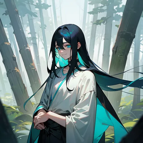 Long black hair with a blue tint, turquoise eyes, gentle smiling, boy, Height 170cm, white skin, A green forest with many trees, Gray loose t-shirt, Black long pants, Upper body only, Half-closed eyes, No chest, narrow shoulders, Alone, European medieval s...