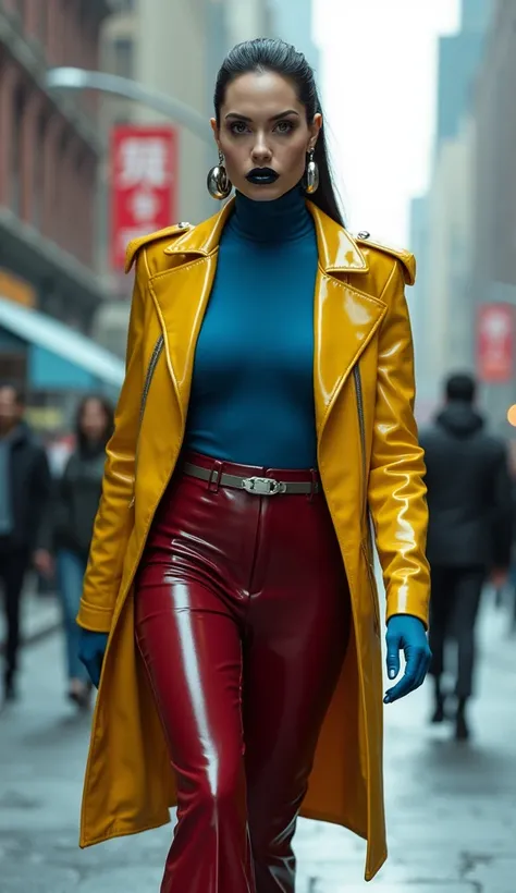 Angelina jolie, latex, brillant, futuriste, tee shirt latex bleu marine, col roulé latex bleu marine, t-shirt zippé latex bleu marie, anneaux métaliques coup, futuriste doudoune latex jaune, grandes épolettes en latex jaune, pantalon patte déléphant latex ...