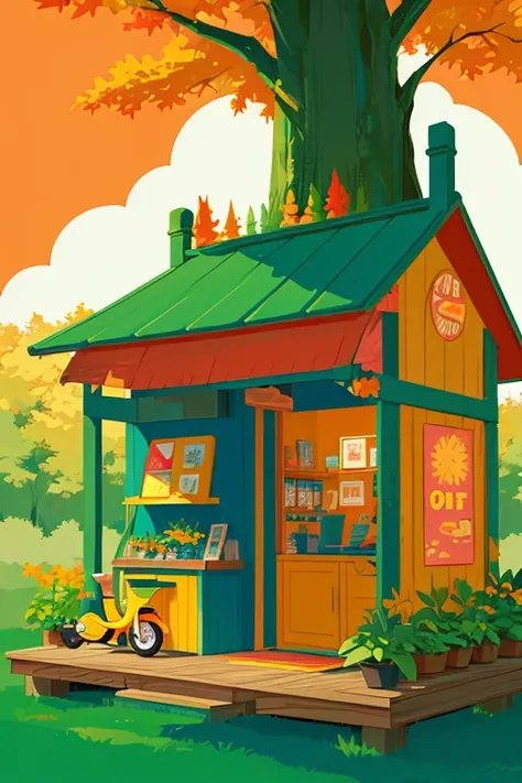 Whimsical and cozy forest illustration drawn in a bright cartoon style. It features tall, smooth trees in bright yellow and orange tones, with rounded, cloud-like leaves. In the center is a small, quirky kiosk or café building covered in plants, creating a...