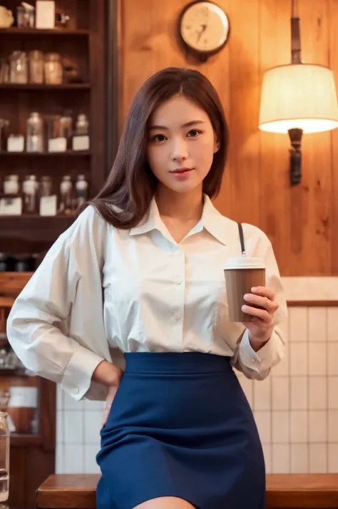 A beautiful girl is having a coffee in a vintage coffeeshop, professional light, wearing office dress, white shirt, blue skirt, A high resolution, perfect anatomy, one girl only, single girl, 1girl, solo, (advanced facial details), A high resolution, beaut...