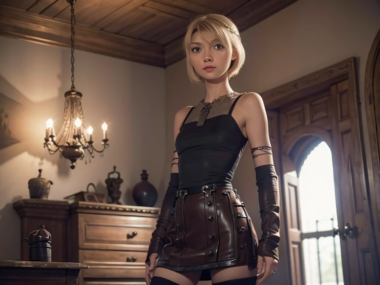 Astrid, Very short hair, slim body, small bust, Black stockings, room of a castle,