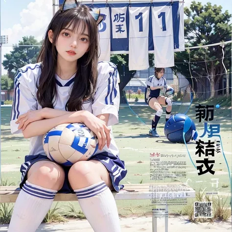 masterpiece4K, Bokeh, (Football Player:1.3), (Blonde Hair 1.5), (ponytail:1.2),(Blushed:1.3), (Plump breasts:1.2), (Volleyball uniform:1.3),Adidas white soccer socks with light blue lines
 (Sitting in a seaside park:1.2), (cat ears:1.3),(From below:1.6),(e...