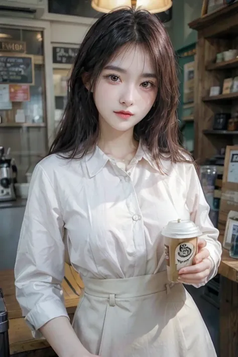 A beautiful girl is having a coffee in a vintage coffeeshop, professional light, wearing office dress, white shirt, blue skirt, A high resolution, perfect anatomy, one girl only, single girl, 1girl, solo, (advanced facial details), A high resolution, beaut...