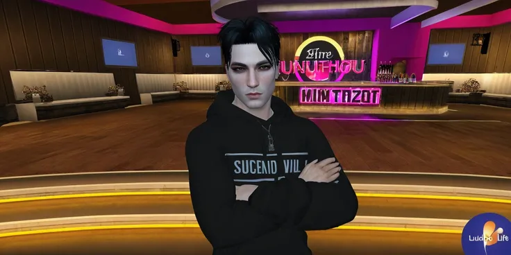 Beautiful man in a black sweatshirt standing in a room, second life avatar, upper body avatar, halfbody headshot, secondlife, sitting down, imvu, inspired by Ludovit Fulla, upper body face shot, virtual self, mall goth, mid-shot of a hunky, nightclub, mid ...