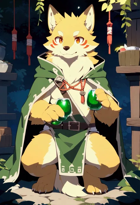 score_9, score_8_up, score_7_up, score_6_up, score_5_up, score_4_up, highly detailed beautiful face and eyes, e621, fantasy, 1boy, solo, furry, kemono, detailed body fur, full body, wolf, juvenile, topless wear cloak