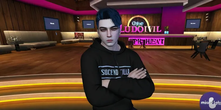 Beautiful man in a black sweatshirt standing in a room, second life avatar, upper body avatar, halfbody headshot, secondlife, sitting down, imvu, inspired by Ludovit Fulla, upper body face shot, virtual self, mall goth, mid-shot of a hunky, nightclub, mid ...