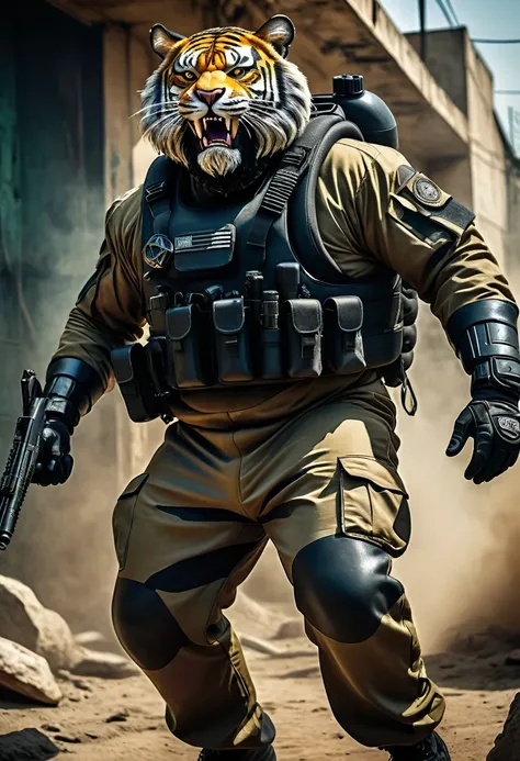 (a dark-skinned bearded fat muscular old man in a bulky army camouflage diver suit) carrying a gun on belt, (wearing realistic roaring tiger mask), dynamic action pose, fierce expression, showcasing an imposing stature, surrounded by military elements, dra...