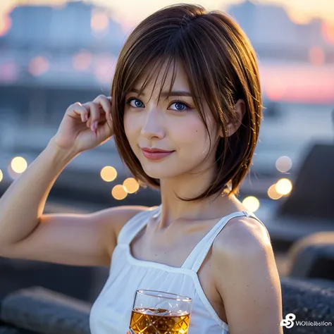 (Realistic, 超Realistic:1.4), 16K HDR, High resolution,((Whiskey Glass)),((Whiskey Bottle)),((Whiskey Glass)),Happy Smile、Short Hair,The best smile、Japanese Actress,so beautiful(It looks like the real thing),Evening Dresses,Cocktail Dresses、Whiskey Bottle、T...