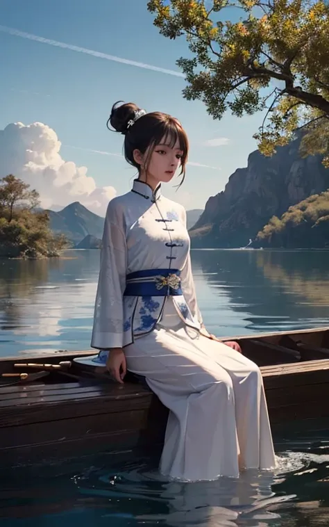 ((masterpiece))), (((Best quality))), ((Very detailed)), (Very detailed的计算机插图), ((Extremely exquisite and beautiful)),Movie Lighting,
Long raft with 1 girl, Tree, Solitary, water, Musical Instruments, Sitting, outdoor, Black Hair, Chinese Clothing, skirt, ...