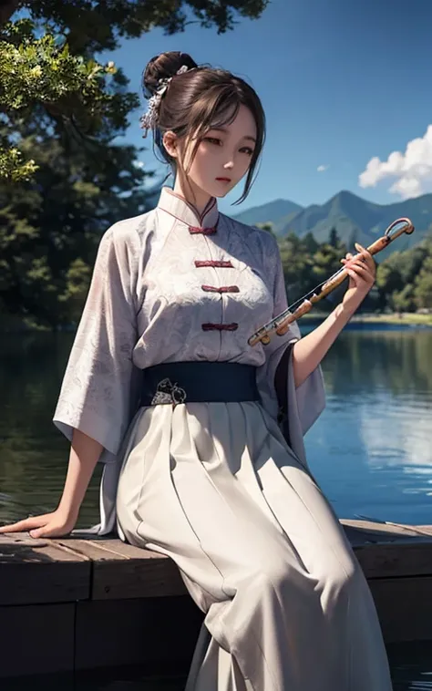 ((masterpiece))), (((Best quality))), ((Very detailed)), (Very detailed的计算机插图), ((Extremely exquisite and beautiful)),Movie Lighting,
Long raft with 1 girl, Tree, Solitary, water, Musical Instruments, Sitting, outdoor, Black Hair, Chinese Clothing, skirt, ...