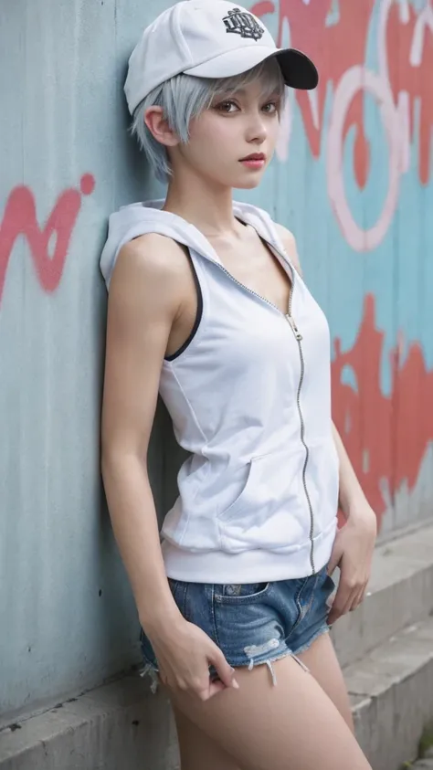 masterpieceTop qualityHighly detailed, 8k, Realistic, One Girl, Alone, Tomboy, Very detailed face, (Upper body photo:1.5), Standing in front of a wall covered in hip hop graffiti, Pixie cut white hair, He is wearing a short tank top and an unzipped hoodie....