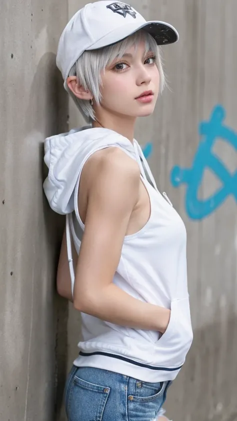 masterpieceTop qualityHighly detailed, 8k, Realistic, One Girl, Alone, Tomboy, Very detailed face, (Upper body photo:1.5), Standing in front of a wall covered in hip hop graffiti, Pixie cut white hair, He is wearing a short tank top and an unzipped hoodie....