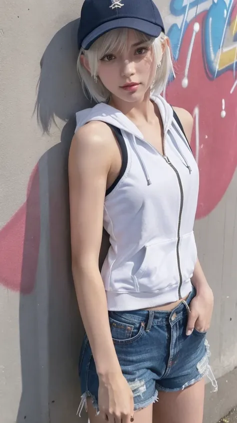 masterpieceTop qualityHighly detailed, 8k, Realistic, One Girl, Alone, Tomboy, Very detailed face, (Upper body photo:1.5), Standing in front of a wall covered in hip hop graffiti, Pixie cut white hair, He is wearing a short tank top and an unzipped hoodie....