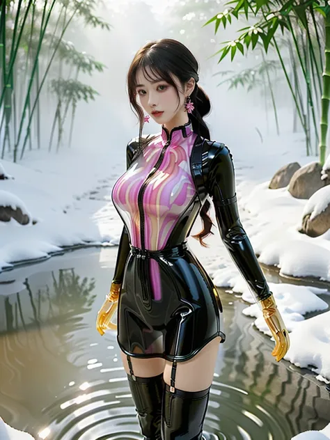 ((a woman)), 美丽脸庞的sexy中国华裔女明星, wearing white strappy underwear, wearing a pink transparent latex dress, (((light theme, exposing...