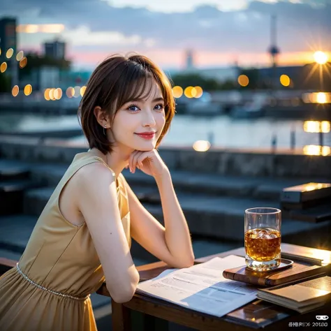 (Realistic, 超Realistic:1.4), 16K HDR, High resolution,((Whiskey Glass)),((Whiskey Bottle)),((Whiskey Glass)),Happy Smile、Short Hair,The best smile、Japanese Actress,so beautiful(It looks like the real thing),Evening Dresses,Cocktail Dresses、Whiskey Bottle、T...