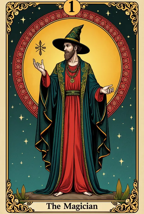 Major Arcana tarot card, No. 1. The Magician, Art Nouveau, high saturation
